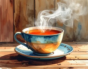 A cup of steaming beverage sits on a saucer, with a wooden backdrop. The warm drink emits a hazy vapor