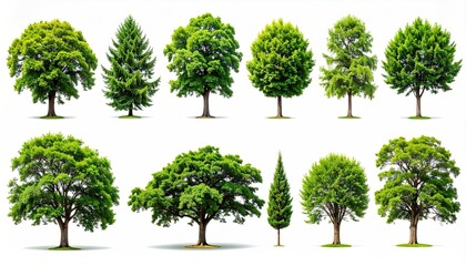 Array of Vibrant Green Trees with Lush Foliage on White Background