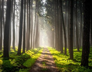 Obraz premium Sunlight streams through tall trees onto a forest path
