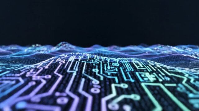 Abstract digital circuit board technology background with blue waves and lines. - Powered by Adobe