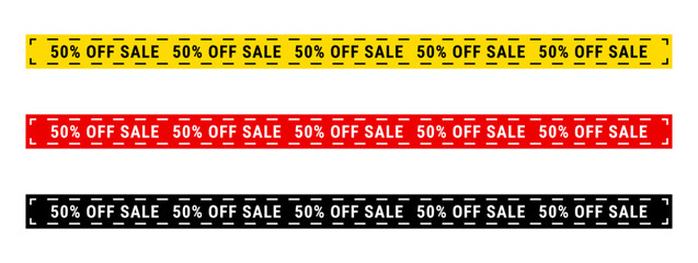 Creative red and yellow sale strip ribbon vector set with bold 50 percent off text ideal for discount offers advertising banners clearance promotion graphics and marketing sale campaign 