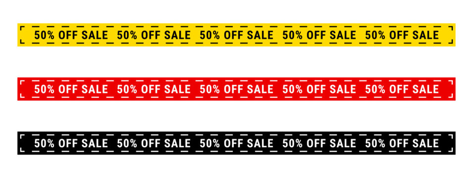 Creative red and yellow sale strip ribbon vector set with bold 50 percent off text ideal for discount offers advertising banners clearance promotion graphics and marketing sale campaign 