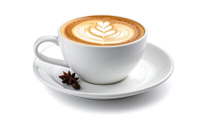 A cup of warm coffee featuring intricate latte art atop a creamy foam, sitting on a saucer, accompanied by anise stars