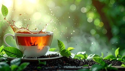 A cup of tea with a splash of liquid, surrounded by fresh green leaves, and sunlight