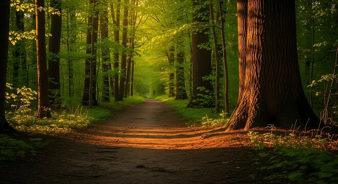 A sunlit forest path winds through tall green trees in a peaceful woodland