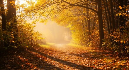 Golden autumn forest path illuminated by soft sunlight and fallen leaves