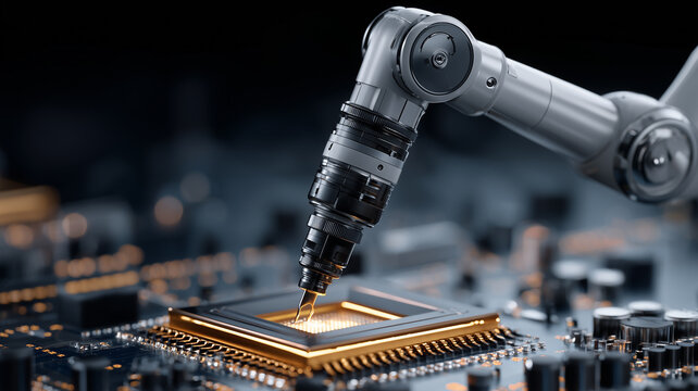 Robotic arm placing a processor on a circuit board, illustrating precision manufacturing and advanced automation in semiconductor production.
