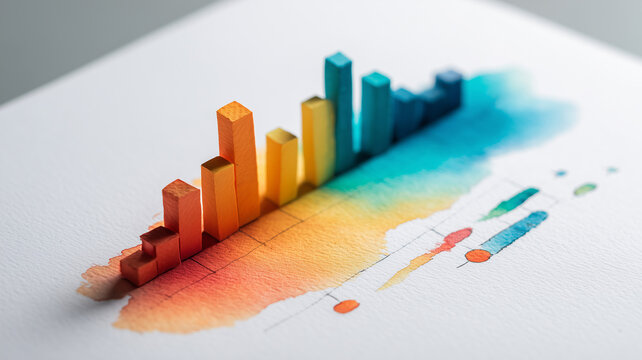 Watercolor style bars and marks forming a creative chart, conveying data visualization, trend analysis, and insight for presentations and reports.
