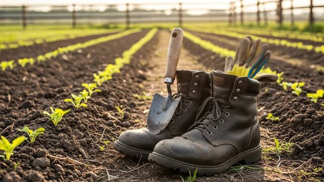 Work boots rest by rows of seedlings, shovel and gloves nearby