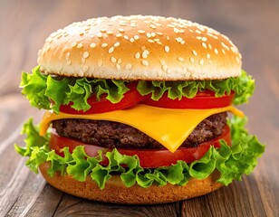 Appetizing Beef Burger with Cheese and Fresh Vegetables on Rustic Wooden Table High Angle Shot
