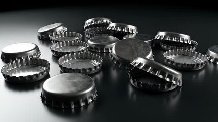 Metal bottle caps scatter on glossy dark surface