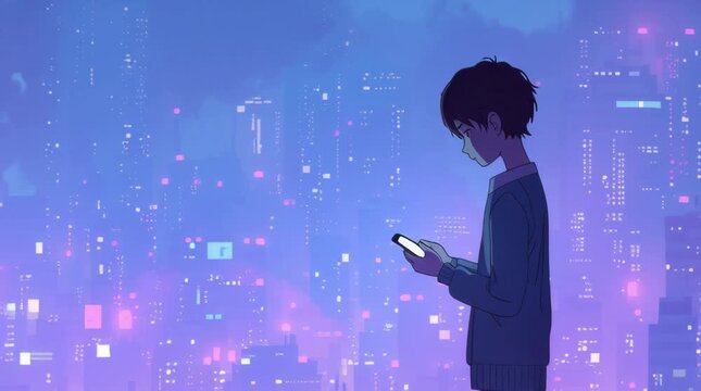 Anime Boy Looking at Cellphone on Rooftop at Night with City Lights Below