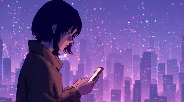 Anime Girl Looking at Cellphone on Rooftop at Night with City Lights Below