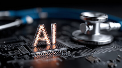 AI healthcare concept with a stethoscope beside a microchip labeled AI, symbolizing digital diagnostics, medical algorithms, and clinical decision support.
