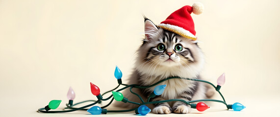 Christmas background image featuring a cute kitten wearing a Santa hat surrounded by glowing colorful holiday lights.

