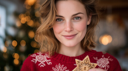 Captivating Portrait A Festive Erster Weihnachtstag, German Scene with Holiday Spirit and Gentle Charm; Woman Celebrating Christmas