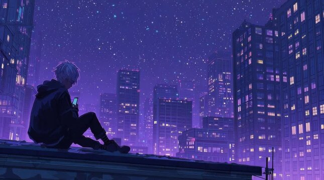 Anime Boy Looking at Cellphone on Rooftop at Night with City Lights Below