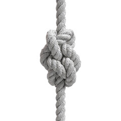 Tied rope knot. Isolated, gray strands close-up on black background