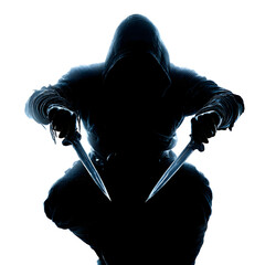 Mysterious Silhouette: A hooded figure, shrouded in shadow, clutches a pair of sharp daggers, their presence radiating an air of impending danger.