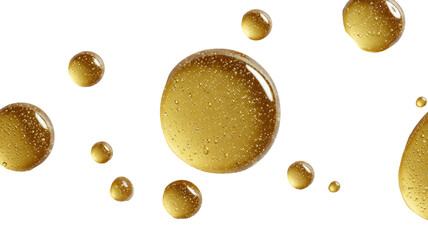 Golden liquid drops against a stark black backdrop, macro view