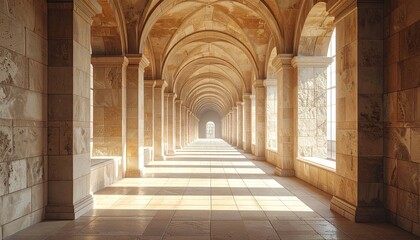 Arched Stone Hallway with Sunlight Casting Shadows and Ornate Pillars in Warm Beige Tones