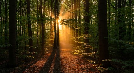 Obraz premium Golden sunbeams illuminate a peaceful forest path through tall green trees