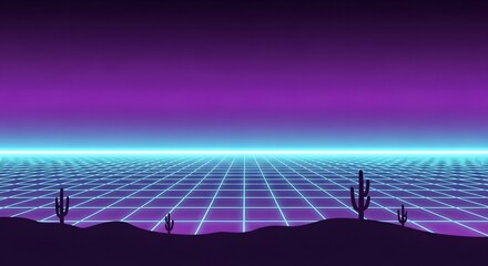 Retro futuristic desert landscape with neon grid and cacti