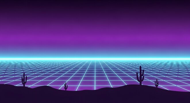 Retro futuristic desert landscape with neon grid and cacti