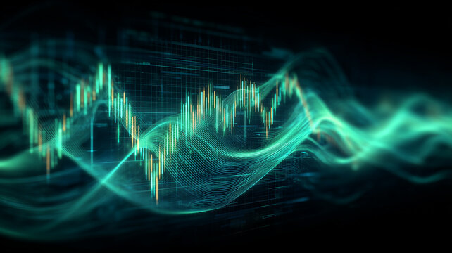 Financial chart with dynamic lines and candlesticks, conveying market analysis, volatility tracking and investment decision making.
