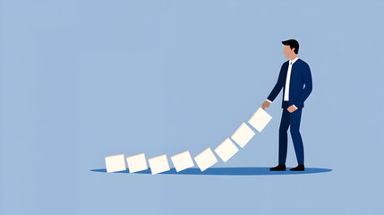 Fototapeta premium Cartoon man stopping domino effect. Generated Ai