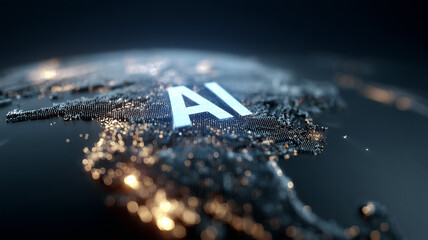 AI lettering across a world map representing worldwide adoption of intelligent systems, strategy and economic impact.
