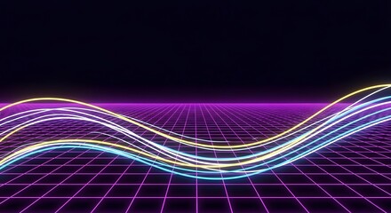 Abstract neon waveform over digital grid background
