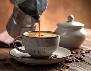 A cup receives fresh brewed coffee from a stovetop espresso maker. Brown beans & a sugar bowl accent the scene on wood
