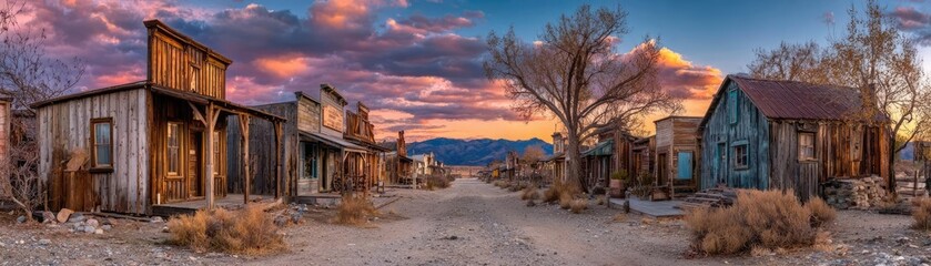 Fototapeta premium Empty street in old wild west wooden town concept. Scenic view of an abandoned ghost town under a colorful sunset.