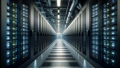 Step into the future with this modern server room showcasing powerful data storage and cutting-edge technology infrastructure solutions for your business needs