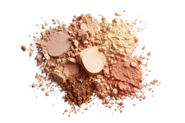 Crushed face powders in earthy tones spill out on a black surface