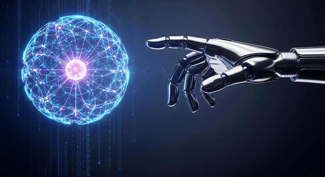 Futuristic AI hand reaching for glowing digital sphere, representing artificial intelligence, machine learning and innovative technology solutions - Powered by Adobe