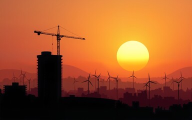 Silhouette Cityscape at Sunset with Construction Site and Wind Turbines. High quality