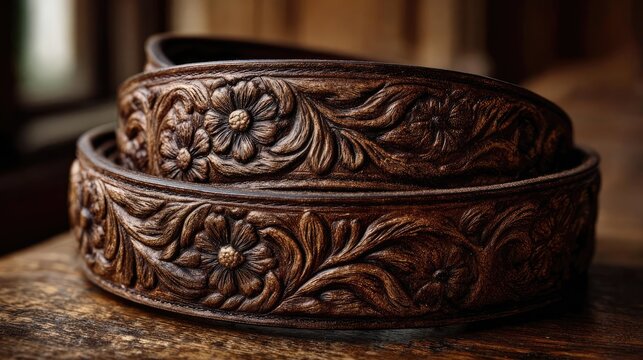 Fancy embossed leather with western floral design concept. Intricate leatherwork showcasing floral designs, perfect for artisans.