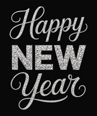 Silver Glitter Happy New Year Typography on Black Background – Festive Holiday Vector