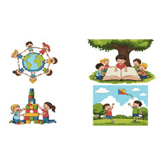 Childhood Fun and Global Unity Vector Collection: Happy Kids Playing, Learning, and Celebrating World Friendship through Creativity and Education