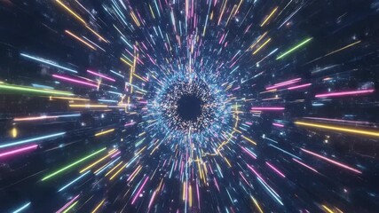 Abstract digital tunnel with colorful neon lights and starburst effect. - Powered by Adobe