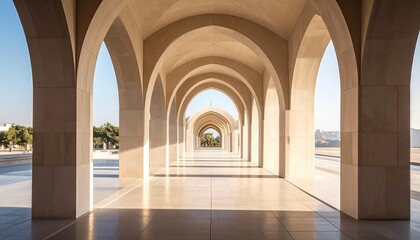 Architectural Vaulted Corridor with Geometric Arches Perspective Neutral Colors and Natural Lighting