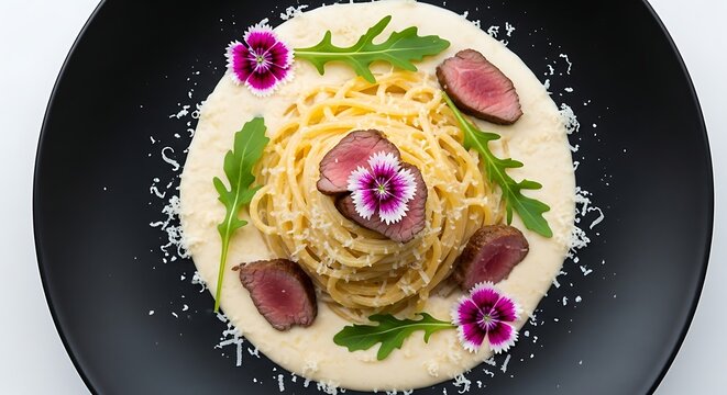 Gourmet pasta with beef, creamy sauce, fresh arugula, and flowers.