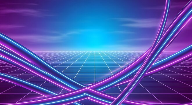 Neon grid landscape with glowing futuristic cables under a vibrant sky
