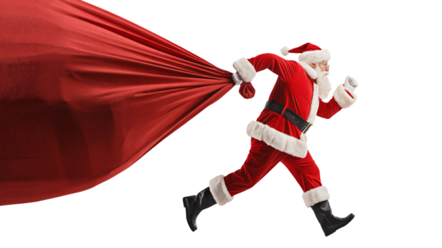 Santa Claus dashing with gifts, Christmas delivery in a hurry, holiday season joy