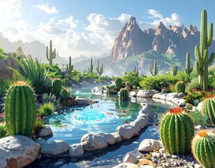 Arid Landscape with Barrel Cacti Reflecting in Clear Water Under Bright Sunlight in Pixeled Style