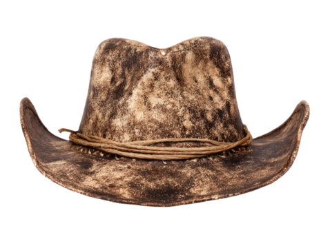 Distressed, brown leather cowboy hat with string detail against black