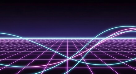 Abstract neon grid with flowing sine waves in futuristic digital landscape
