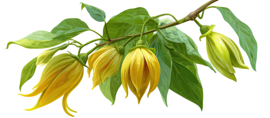 Ylang-ylang flowers hanging on the branch with leaves